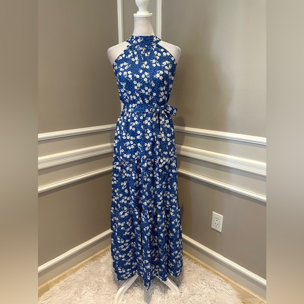 NWT Women’s Halter neck, Maxi layer dress in blue and Floral with leaf dot - Picture 2 of 9